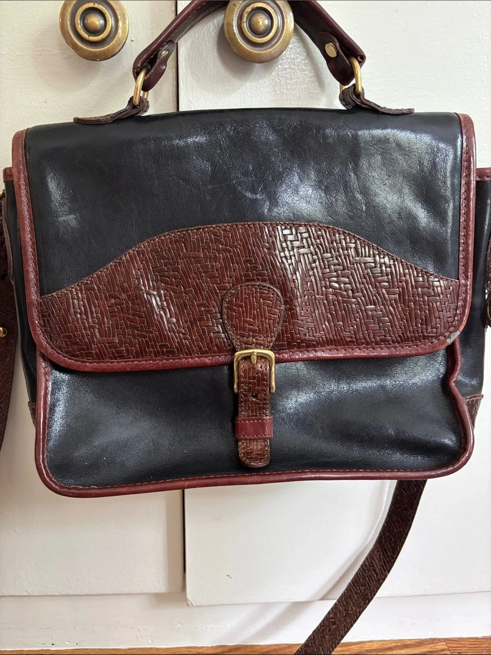 Brown and Black Leather hand Bag - Classic Two-Tone Design